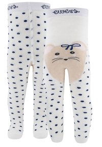 Weiße Strumpfhosen mit marineblauen Punkten, ausgestattet mit einem beigen Mäusedesign mit einer blauen Schleife auf der Vorderseite. Weicher Stoff, elastischer Bund.