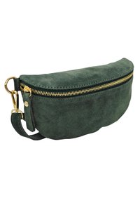 Sacoche en suédine verte avec une fermeture éclair dorée, de forme arrondie et une poignée latérale pour un transport facile. Texture douce avec un design minimaliste.