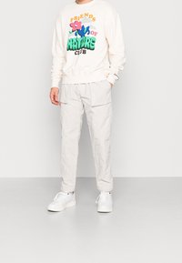 Persona vestida con un sudadera crema con un gráfico de "Club de Amigos de la Naturaleza", pantalones cargo color beige claro y zapatillas blancas, de pie contra un fondo liso.