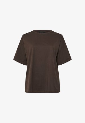 Braunes T-Shirt mit kurzen Ärmeln und Rundhalsausschnitt, in lockerer Passform und schlichter Gestaltung, vor weißem Hintergrund dargestellt.