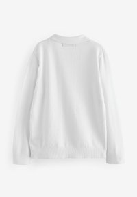 Maglione bianco con colletto, maniche lunghe, polsini e orlo a coste, realizzato in un morbido tessuto a maglia, caratterizzato da un design minimalista.