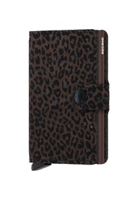 Porte-cartes en imprimé léopard avec une texture en daim marron foncé, doté d'une fermeture à pression et d'un design élégant, étiqueté avec "SECRID" sur le côté.