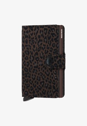 Leopard print cardholder with a dark brown suede texture, featuring a snap closure and a sleek design, labeled with "SECRID" on the side.