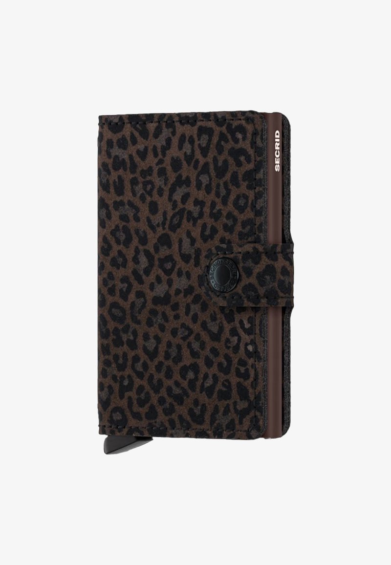 Leopard print cardholder with a dark brown suede texture, featuring a snap closure and a sleek design, labeled with "SECRID" on the side.
