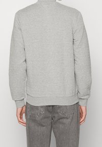 Sweat-shirt gris clair en tissu doux, avec un col rond, un ourlet et des poignets côtelés, et une coupe décontractée. Vue de dos mettant en évidence les coutures et les détails de texture.