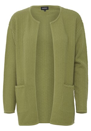 Cardigan verde tricotat cu față deschisă, model texturat, mâneci lungi și două buzunare frontale. Materialul pare moale și ușor.