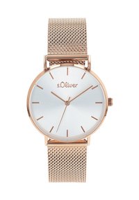 Roségoldene Mesh-Armbanduhr mit rundem silbernen Zifferblatt, minimalistischen Markierungen und Logo bei 12 Uhr. Verfügt über zwei Zeiger und ein elegantes Design.