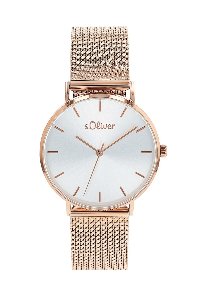 Roségoldene Mesh-Armbanduhr mit rundem silbernen Zifferblatt, minimalistischen Markierungen und Logo bei 12 Uhr. Verfügt über zwei Zeiger und ein elegantes Design.