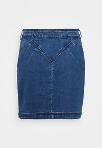 Džínová sukně v tmavě modré barvě s přiléhavým střihem, má vysoký pas, kapsy a šev, který vytváří geometrický vzor na přední straně.