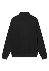 Svart sweatshirt med långa ärmar, en krage och en slät textur. Den har ribbade ärmslut och nederkant, utan synliga logotyper eller mönster.