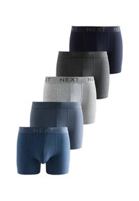 Cinci perechi de boxeri bărbătești în diverse nuanțe: bleumarin, gri, gri deschis și albastru, cu brâie elastice "NEXT" și un design ajustat.