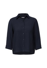 Camicia blu navy con bottoni, in tessuto testurizzato a coste, maniche lunghe con polsini e colletto a punta. Vestibilità classica con orlo curvo.