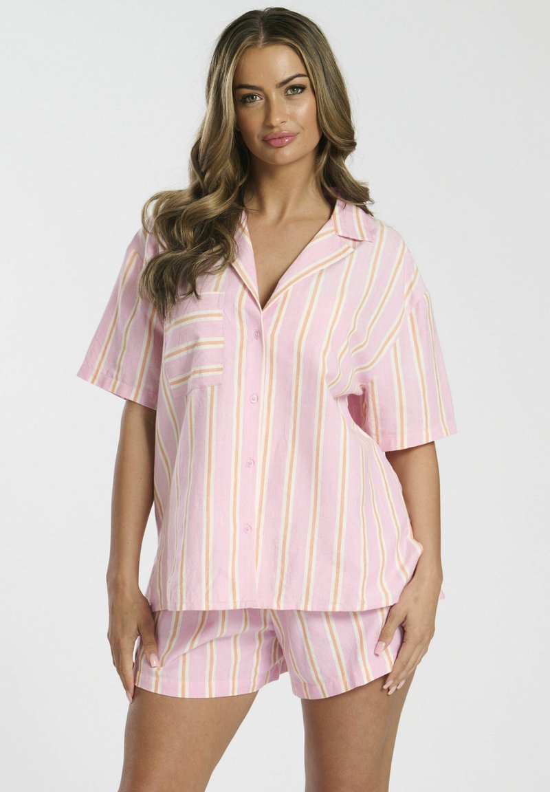 Pink striped short-sleeve shirt with a chest pocket and matching shorts. Fabric appears soft with yellow and white vertical stripes.