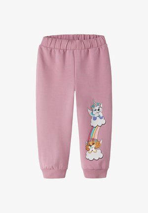 Pantalon rose pour enfants avec taille et poignets élastiques, présentant deux chiots dessin animé avec des cornes de licorne et des couronnes de fleurs sur des nuages reliés par un arc-en-ciel.