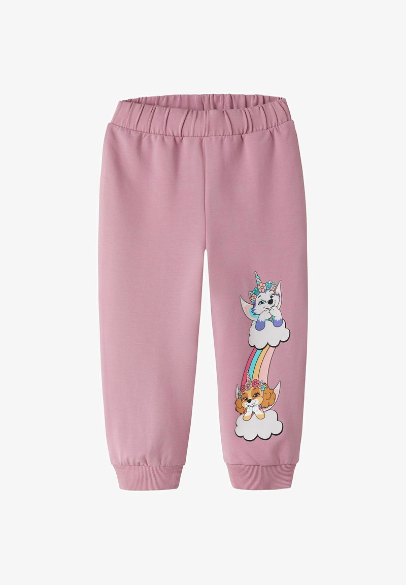 Pantalon rose pour enfants avec taille et poignets élastiques, présentant deux chiots dessin animé avec des cornes de licorne et des couronnes de fleurs sur des nuages reliés par un arc-en-ciel.