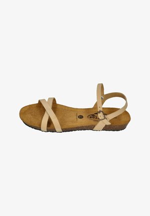 Beige flache Sandale mit Korksohle, zwei vorderen Riemen, die sich über die Zehen kreuzen, und verstellbarem Knöchelriemen mit Schnalle.