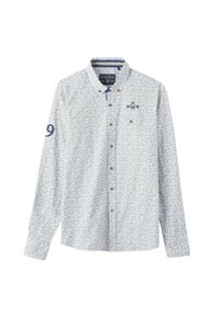 Chemise à manches longues blanche avec un motif floral en bleu et gris. Dotée d'un col, d'un logo brodé et du numéro 9 sur la manche.