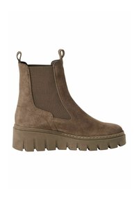 Brown suede ankle boot with elastic side panels, chunky platform sole, and pull tabs at the back. Smooth texture and minimal stitching detail.