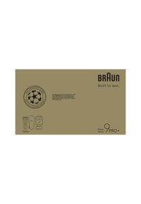 Braun Rasierer Series 9 Pro+ Verpackung, sandfarbener Hintergrund, Produktillustrationen in Schwarz, Logo und Text in kontrastreichen Farben, UEFA Champions League Branding.