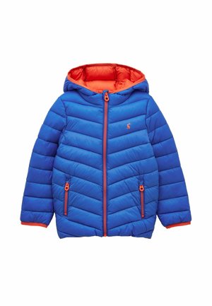 Niebieska pikowana kurtka ze wstawioną pomarańczową podszewką, kapturem, przednim zamkiem błyskawicznym, zapinanymi na zamek kieszeniami na ręce i małym haftowanym logo na piersi.
