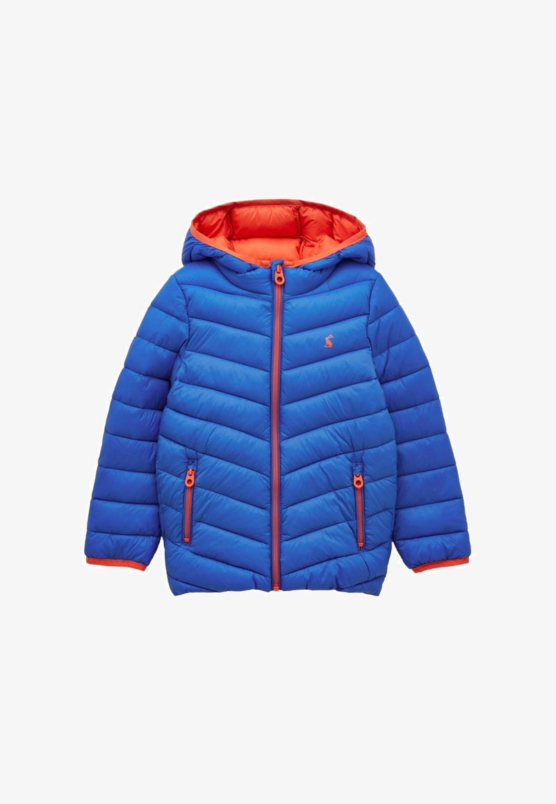 Giacca a piumino blu con fodera arancione, cappuccio, cerniera frontale, tasche laterali con zip e piccolo logo ricamato sul petto.