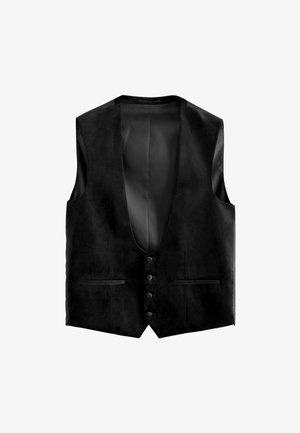 Gilet en daim noir avec un décolleté en V profond, cinq boutons noirs et deux poches avant. Texture lisse avec une doublure à l'intérieur.