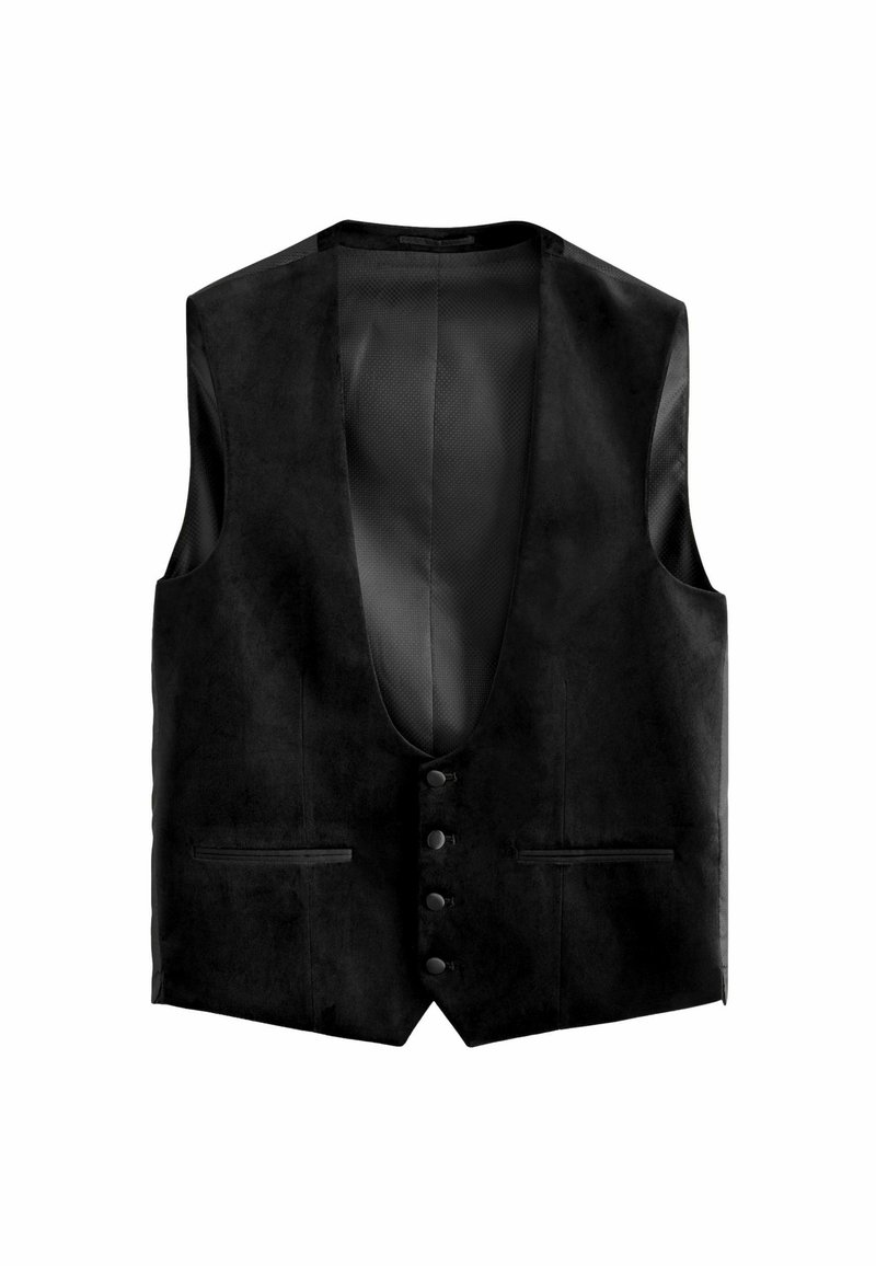 Vest negru din suede cu decolteu adânc în V, cinci butoane negre și două buzunare frontale. Textură fină cu un interior căptușit.