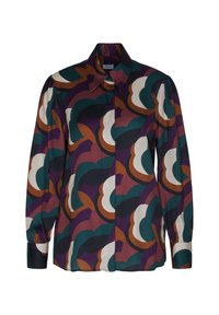 Camicia a maniche lunghe con bottone caratterizzata da un motivo astratto colorato in viola, verde, bianco e arancione, realizzata in tessuto liscio con una vestibilità su misura.