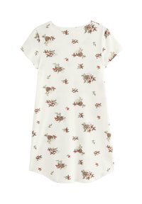 Korte mouw jurk van lichtgewicht stof, met een witte basis en een bloemenprint van rode bessen en groene bladeren overal.