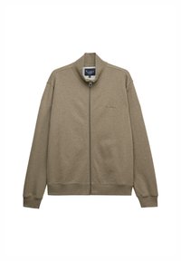 Sweat à zip en olive atténué, fabriqué dans un tissu doux. Il dispose d'un col montant et de poignets et d'un ourlet côtelés pour un ajustement sécurisé.