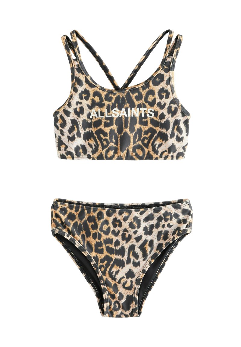 Tweedekleurige bikini set met een zwart en tan patroon, kruisbanden en het "ALLSAINTS" logo op de top. Zacht, rekbaar materiaal.