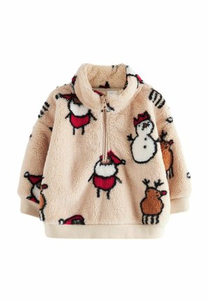 Beige fleece børnepullover med halv lynlås, dekoreret med tegneseriestil julemand, snemænd og rensdyr i røde, hvide og brune farver.