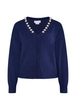 Sötétkék kardigán V-nyakkal, virágmintás díszítéssel, hat gombos záródással és bordázott mandzsettával és aljjal. Puha, strukturált anyag.