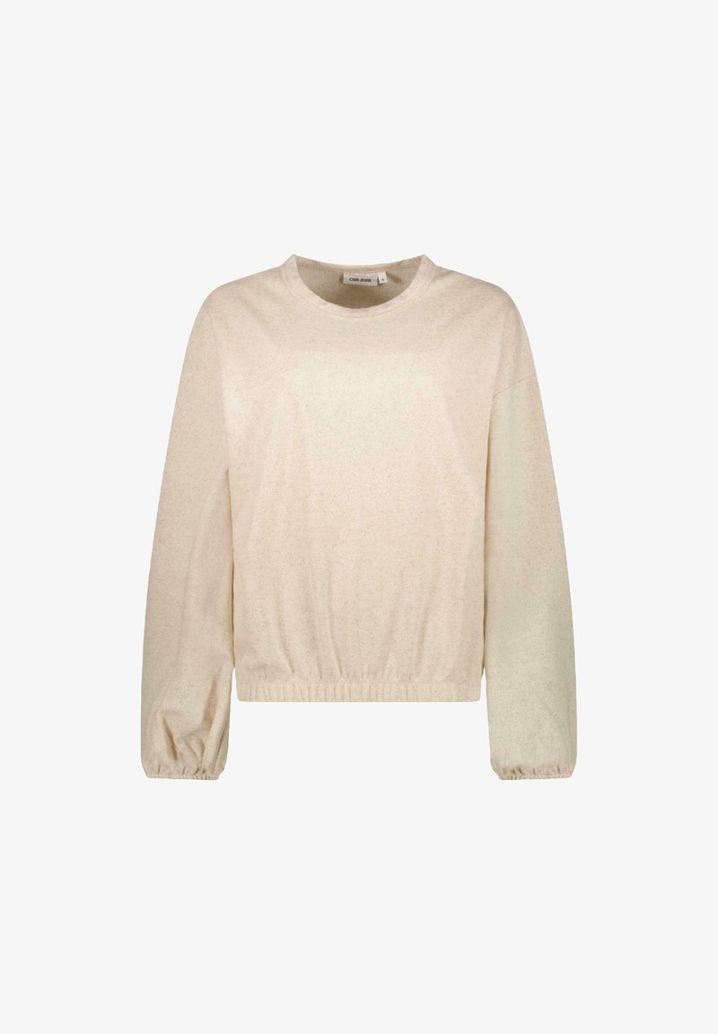 Licht beige cropped sweatshirt met lange, gepofte mouwen en een gathered zoom. Gemaakt van zachte, gestructureerde stof. Ronde halslijn.