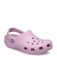 Pink rubber clog with ventilation holes, heel strap, and textured sole. Rounded front and smooth finish with a logo accent on the side.