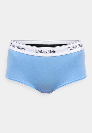 Boxeri din bumbac albastru deschis, cu talie cu logo Calvin Klein alb-negru și textură netedă, având un design potrivit și fără modele suplimentare.