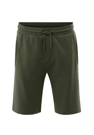 Donkergroene casual herenshorts met elastische tailleband, trekkoord en zijzakken, weergegeven tegen een witte achtergrond.