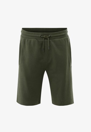 Donkergroene casual herenshorts met elastische tailleband, trekkoord en zijzakken, weergegeven tegen een witte achtergrond.