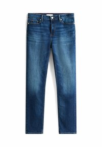 Jean en denim bleu sombre avec une coupe droite. Caractéristiques d'un design classique à cinq poches, des passants de ceinture et une fermeture éclair avec un bouton en métal.
