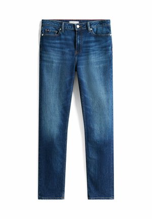 Dunkelblaue Jeans aus Denim mit geradem Schnitt. Verfügt über ein klassisches Fünf-Taschen-Design, Gürtelschlaufen und einen Reißverschluss mit einer Metallknopf.