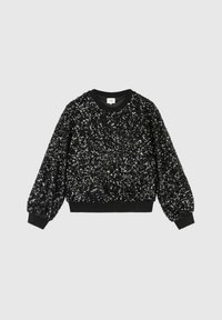 Pull noir à sequins, col rond, manches longues à ballon, poignets et ourlet côtelés. Texture scintillante avec une silhouette ajustée.