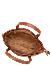 Braune Lederhandtasche mit einem Reißverschluss oben, zwei Schultergurten und einem gefütterten Innenraum, der den Markennamen "Wittchen" in wiederholendem Muster zeigt.