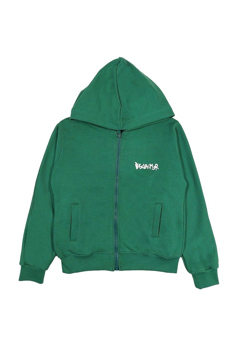 Felpa verde con zip realizzata in tessuto morbido, dotata di zip anteriore, due tasche laterali e un logo stampato sull'area sinistra del petto.