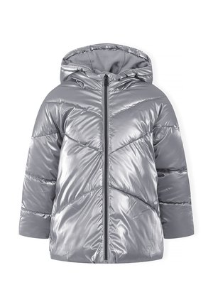 Silver puffer jacket with a hood, featuring a shiny, textured finish, zip closure, and chevron stitching pattern.