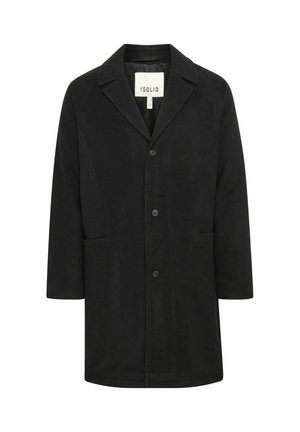 Cappotto nero con una texture liscia, collo a rever e tre bottoni. Presenta due tasche frontali e una vestibilità rilassata. Etichetta del brand visibile all'interno.