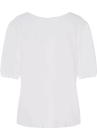 Blusa bianca con maniche corte a sbuffo, scollatura rotonda e una texture di tessuto liscia. Presenta un taglio diritto senza dettagli aggiuntivi.