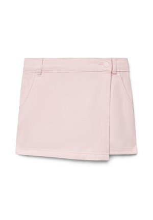 Minigonna rosa chiaro stile a portafoglio con tasche anteriori, passanti per cintura e chiusura a scatto in vita.