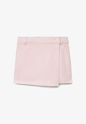 Minigonna rosa chiaro stile a portafoglio con tasche anteriori, passanti per cintura e chiusura a scatto in vita.