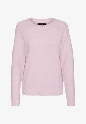 Pull rose clair à col rond avec manches longues, poignets et ourlet côtelés, confectionné en tissu tricoté doux.