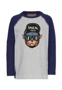 Langærmet skjorte i grå med marineblå ærmer, der har et grafisk motiv af en kat i solbriller og en kasket, der siger "RASCAL TENDENCIES."